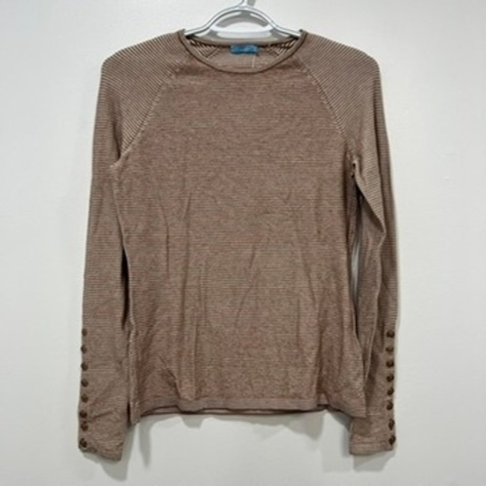 J Mclaughlin Janie Sweater XS NWT $158 Stripe Button Crew Long‎ Sleeve Knit Tan